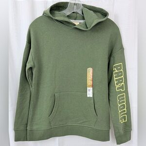 Olive Green Hooded Sweatshirt “Wolf” Picture on back & sleeve Kids M(10/12). NWT
